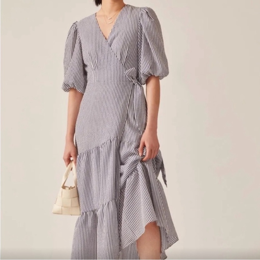 Hutch V-Neck Tiered Wrap Midi Dress Striped Gray XS C2